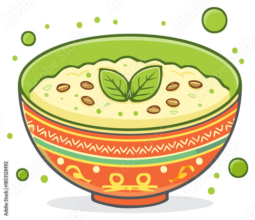Cartoon bowl of creamy porridge with basil and nuts, colorful design