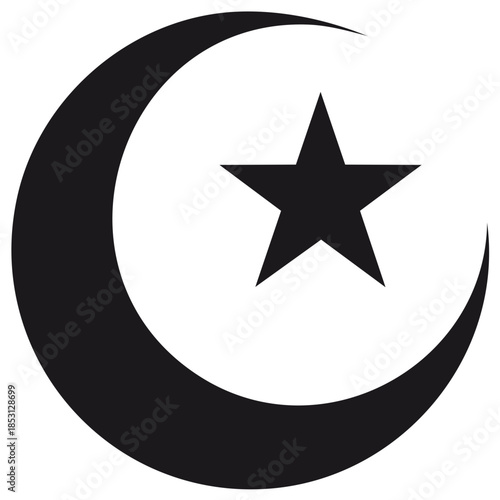 Simple black graphic icon of the star and crescent a religious symbol of Islam
