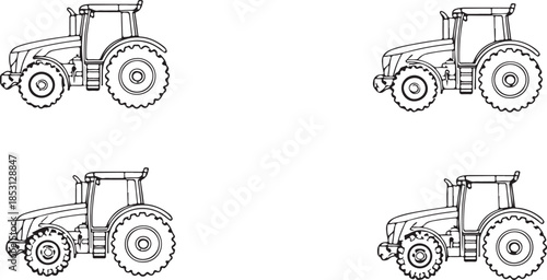 Four Outline Illustrations of a Modern Tractor with Large Wheels and a Cab farm agriculture