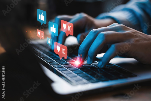 User typing negative online review with thumbs down icon image