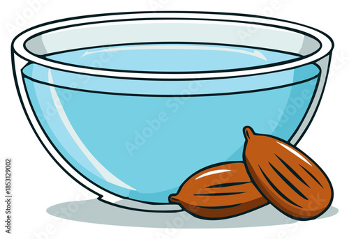 Two brown dates sit next to a transparent glass bowl filled with clear blue liquid