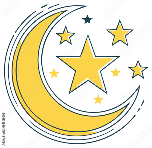 Crescent Moon and Stars Illustration in Yellow and Teal