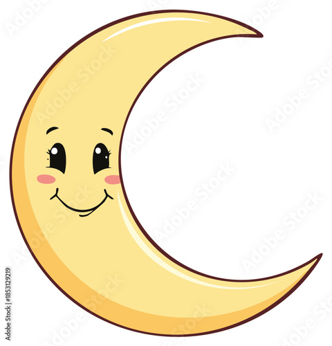 Cheerful yellow crescent moon with a cute smiling face and rosy cheeks cartoon illustration