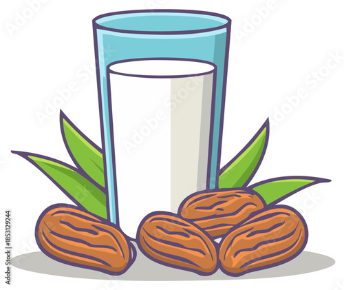 Glass of almond milk with almonds and leaves illustration