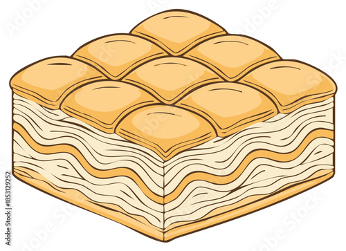 Delicious baklava square shaped dessert with layered filo pastry and syrup