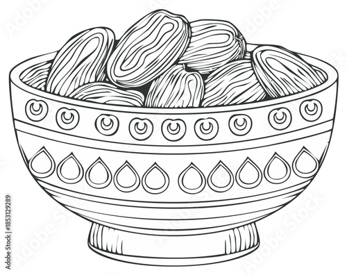 Hand drawn illustration of a decorative bowl filled with delicious dried dates perfect for cultural celebrations
