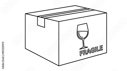 Simple black and white illustration of a cardboard box with a glass and fragile label