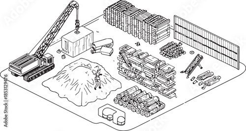 Isometric line art illustration of a construction site with a crane, lumber, and workers Keywords: construction, site, isometric, illustration, line art, crane, lumber, wood, logs, materials