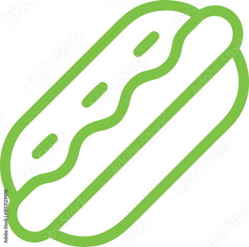 Simple green outline of a hot dog with wavy lines representing condiments