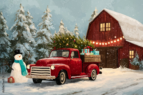 Charming Winter Scene with Red Truck and Christmas Deliveries