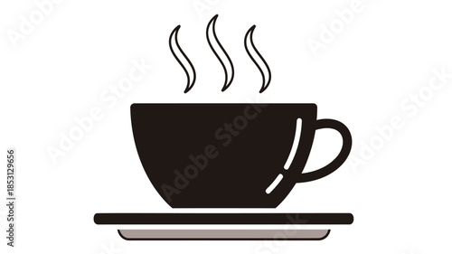 A simple black and white illustration depicting a steaming cup of coffee on a saucer