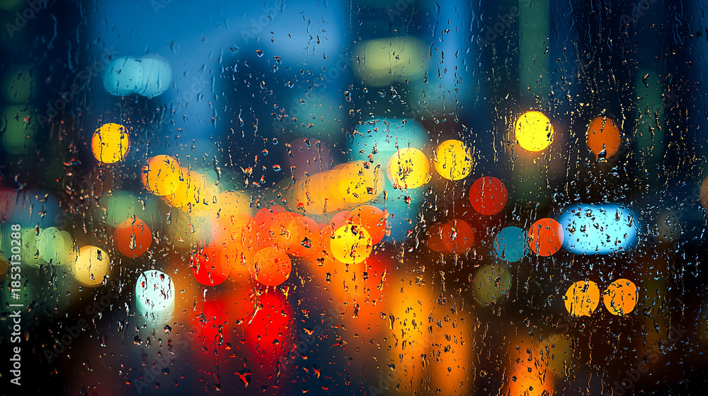 Fototapeta premium Colorful City Lights Bokeh on a Rainy Night Through a Wet Window