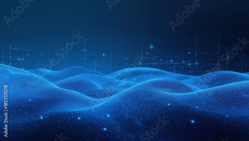 Abstract Blue Digital Wave Landscape with Glowing Data Points, Futuristic Technology Network and Big Data Background