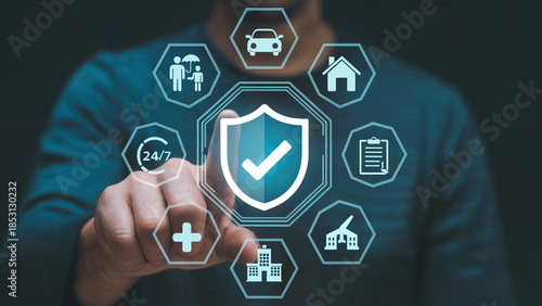 Bild auf Leinwand Businessman touching digital screen with insurance icons image