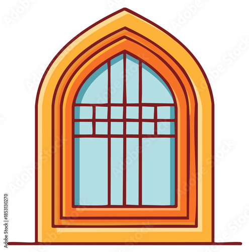 Colorful cartoon gothic arched window with detailed frame and blue glass