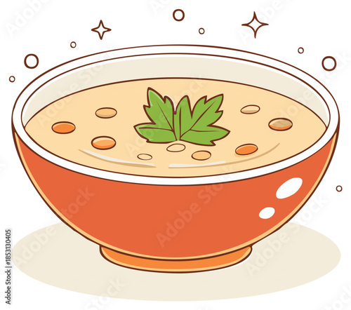 Hand drawn illustration of a bowl of hot soup with parsley garnish and sparkling effects