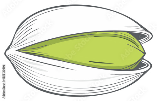 Stylized pistachio nut illustration with an open shell revealing the vibrant green kernel inside
