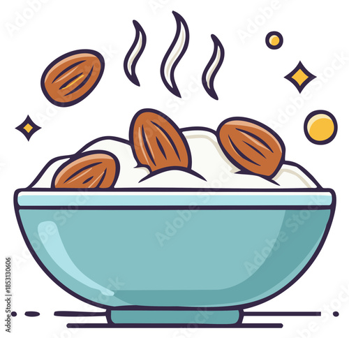 Creamy cereal bowl with almonds, steaming illustration