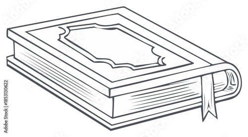 Classic old book with decorative cover and bookmark line art illustration