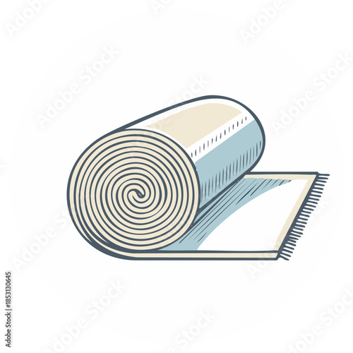 Graphic illustration of a rolled up blue and beige rug or carpet partially unrolled with fringe