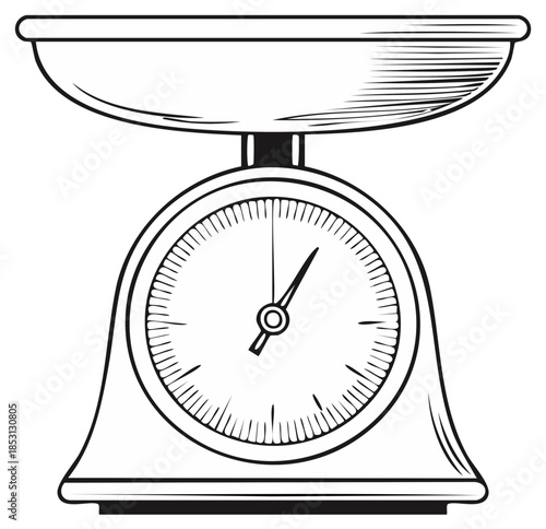 Vintage Style Kitchen Scale with Bowl Weight Measurement in Black and White Outline