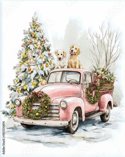 Cheerful Pink Christmas Truck with Golden Retrievers and Snow