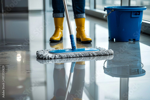 Professional cleaner mopping glossy office floor with modern equipment, commercial cleaning service concept focused on hygiene, sanitation, and workplace maintenance