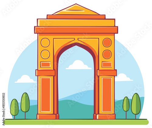 Vector Illustration of Arch Monument with Clouds, Sky, Trees and Green Grassy Land