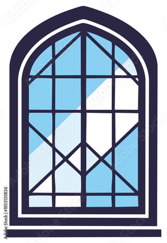 Arched gothic window vector illustration with blue glass panes