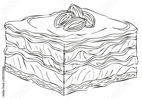 Traditional sweet layered pastry dessert with almond topping line art illustration