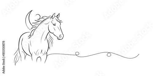 Continuous one line of a  noble horse with subtle lunar elements, modern minimalist aesthetic, international cultural appeal, hand drawn vector illustration.