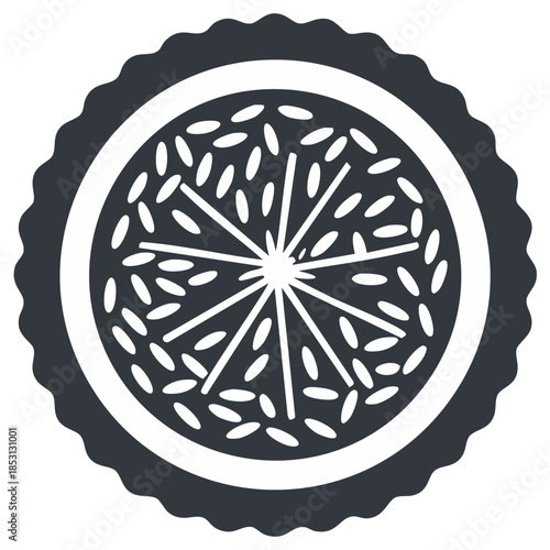 Graphic depiction of a paella dish with rice grains and segmented citrus slice within a scalloped border