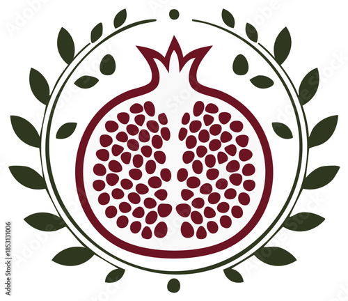 Stylized Pomegranate Emblem with Laurel Wreath and Seed Detail