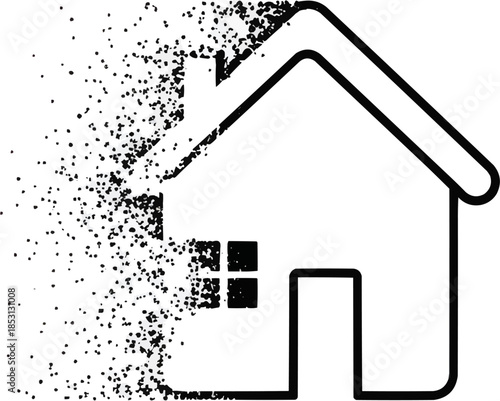 A modern house icon graphic featuring a wind-blown or dispersing pixel effect. Creative concept for real estate technology, home automation, or disappearing property.