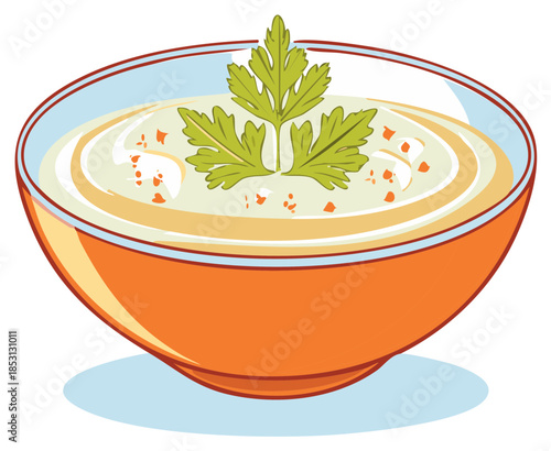 Creamy soup bowl with garnish and red spices, culinary illustration