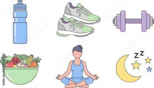 Flat vector illustration of health and fitness elements including yoga, dumbbells, healthy food, water bottle, running shoes, and sleep cycle. Ideal for wellness and sports content.