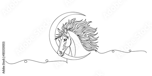 Continuous one line of a horse with flowing mane shaped like a crescent moon, artistic lunar symbolism, hand drawn vector illustration.