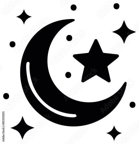 Black crescent moon and star constellation against a starry night sky graphic