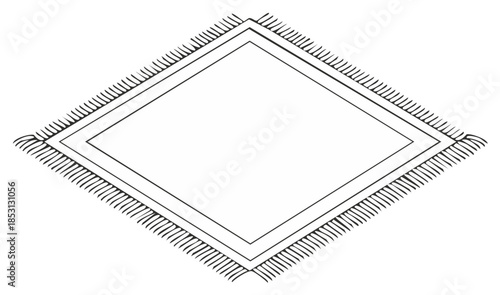 Diamond shaped rug with border and fringe, flat design illustration