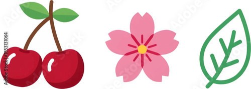 Simple and clean vector illustration of red cherries, a pink sakura flower, and a green leaf. Minimalist design suitable for organic products, spring themes, and nature branding.
