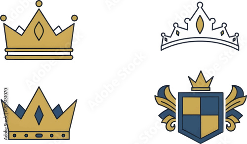 Luxury gold and silver crown icons paired with a heraldic shield emblem. Elegant vector designs for premium branding, royalty themes, and prestige awards.