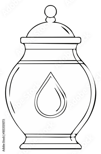 Line art illustration of lidded jar with water drop symbol, elegant container