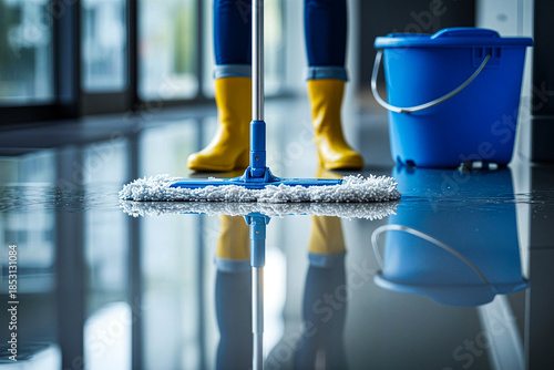 Professional cleaner mopping glossy office floor with modern equipment, commercial cleaning service concept focused on hygiene, sanitation, and workplace maintenance