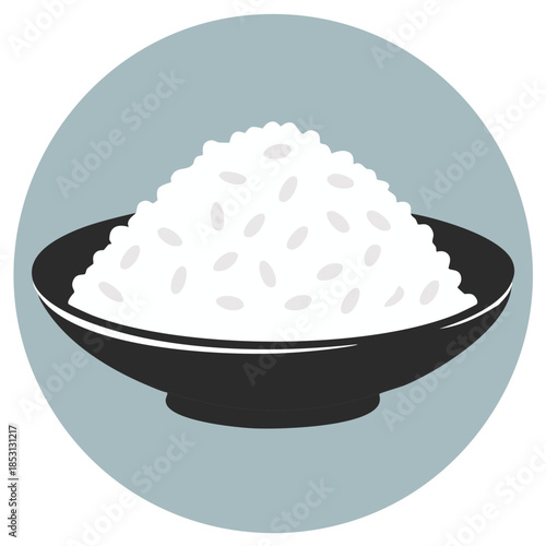 Rice bowl illustration, rice grains in a black bowl inside a blue circle