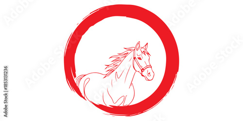 Continuous one line of a serene horse enclosed in a brush-style moon circle, hand drawn vector illustration.