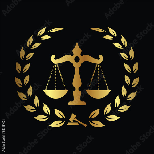 Golden Circular emblem combining gavel, scales, and olive leaves, harmony concept. Scales icon logo seal vector on white background Vector stamp icon.