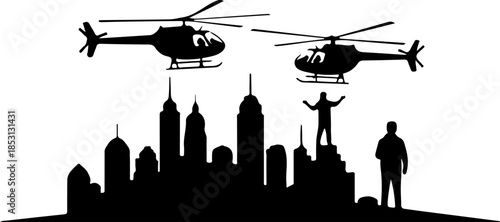 Helicopter Squad Over City Skyline Silhouette