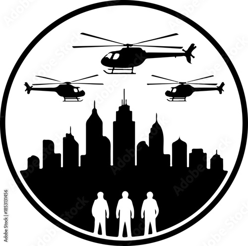 Helicopter Squad Over City Skyline Silhouette