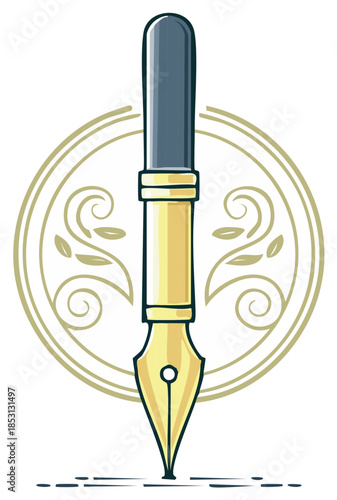 Vintage gold fountain pen drawing with a calligraphy nib set against a classic floral circle emblem