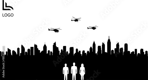 Urban Rescue Helicopter Skyline Silhouette Logo Design